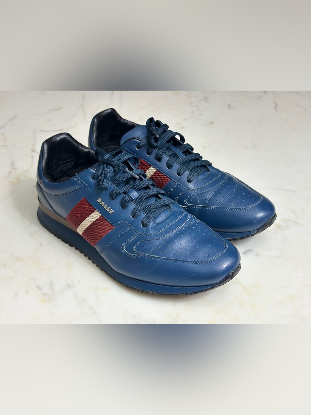 Bally Men's Blue Leather Stripe Runner Sneakers Swiss Made Low Top 9.5
